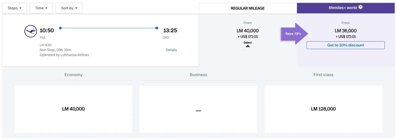 LifeMiles award on Lufthansa from FRA-ORD in first class for 128,000 miles